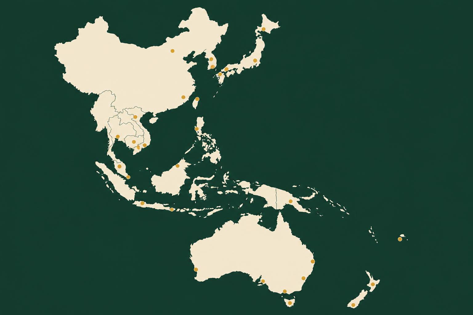 Stylised map of the Asia Pacific region showing the countries where the cohort runs.